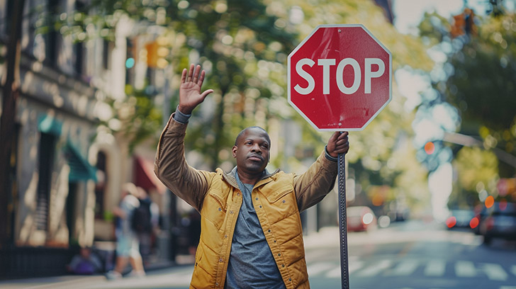 A man holding a stop sign