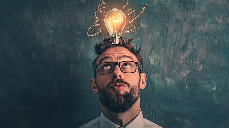 Man with light bulb showing bright idea