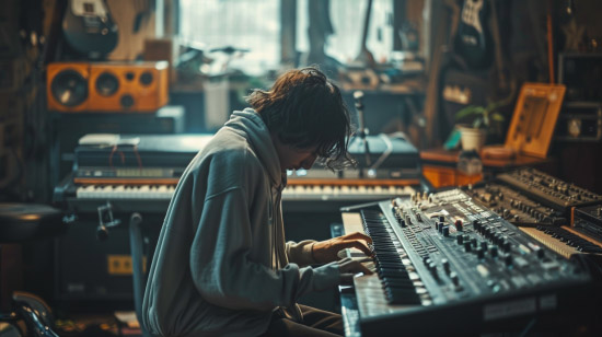 A man practicing his synthesizer
