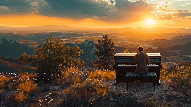 Piano player on mountain